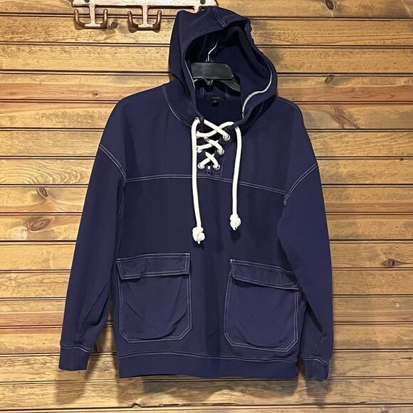 J Crew Lace-up Navy Blue Hoodie Pockets Size M Layers Boho Warm Nautical Beachy - Picture 1 of 13